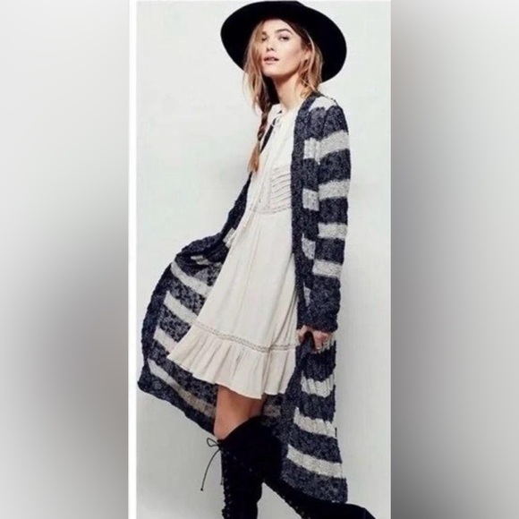 Free People Gray and Blue Striped Linen Blend Long Open Front Cardigan XS - Picture 1 of 6